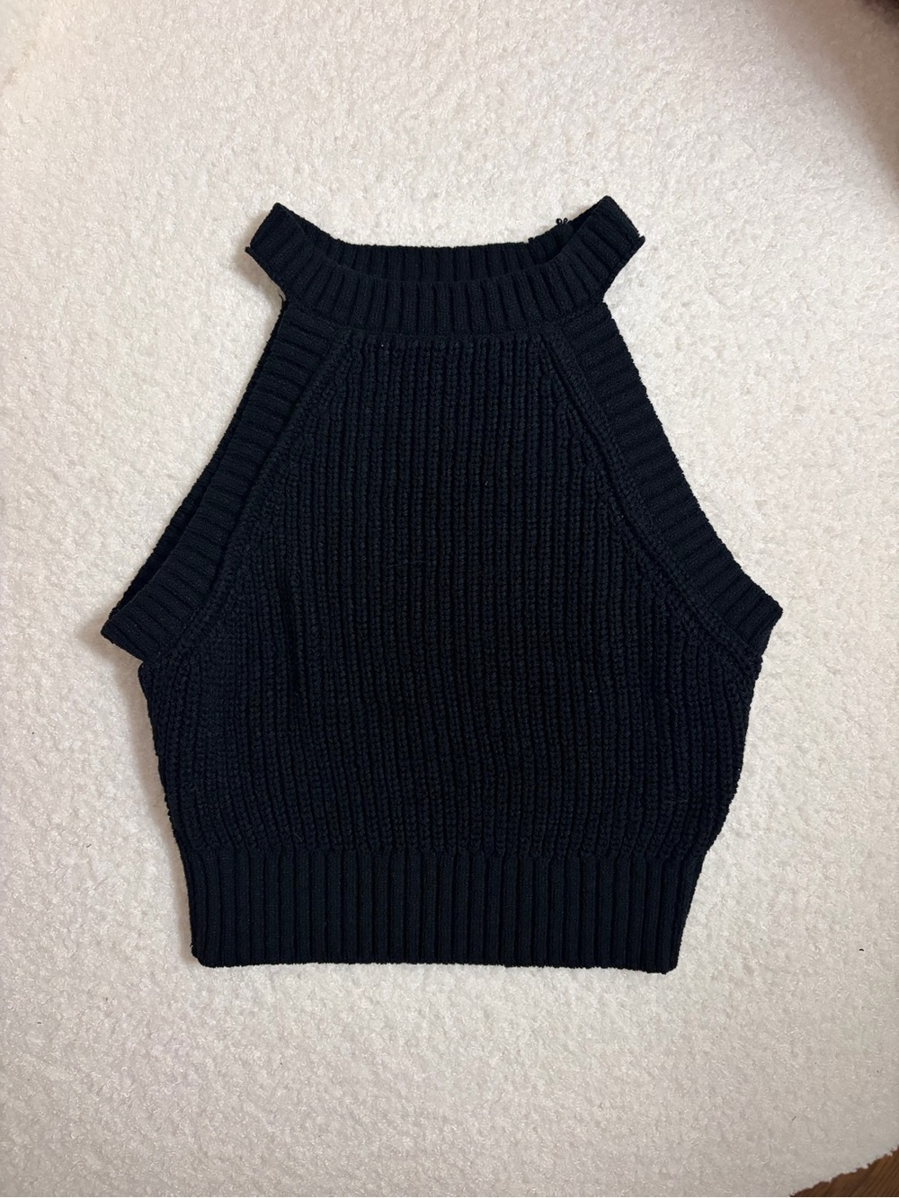 Black Ribbed Knit Halter Crop Top